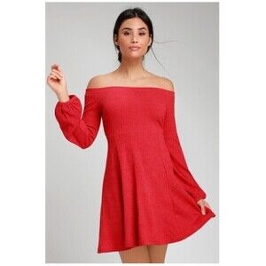 Lulus Flare Enough Red Off-The-Shoulder Long Sleeve Skater Mini Dress Size XS